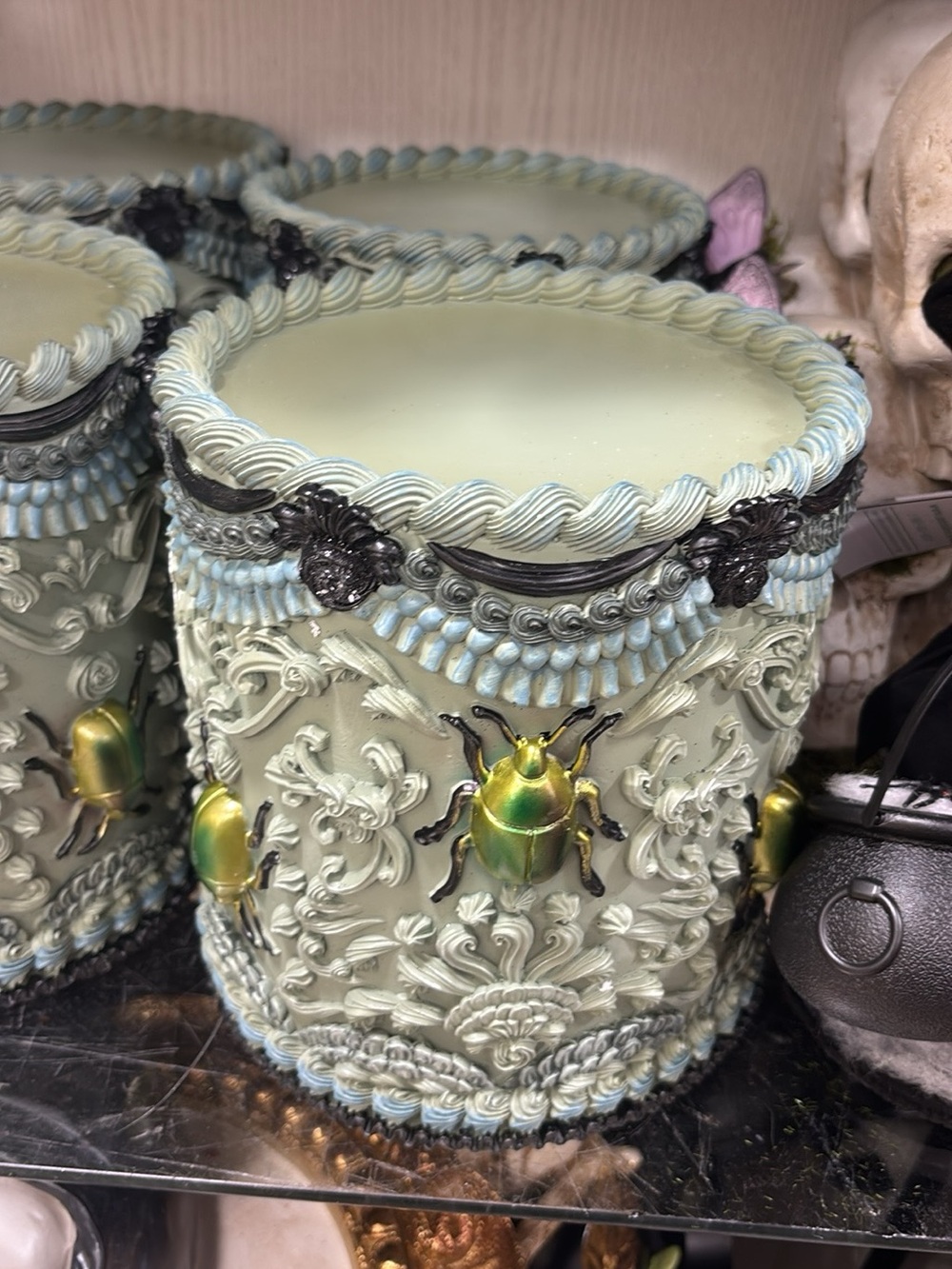 Decorative Mint Green Resin cake with Iridescent Beetle Accent Halloween